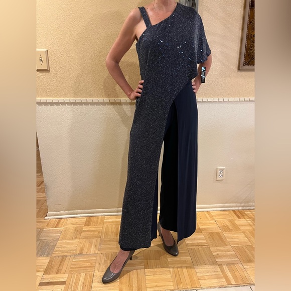 Shimmery evening jumpsuit w/ navy blue & silver overlay. Holiday party. Sz 8 NWT - Picture 4 of 15